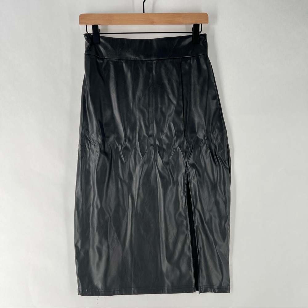 Shein Elegant Black Faux Leather High Rise Front Skit Women's Midi Pencil Skirt